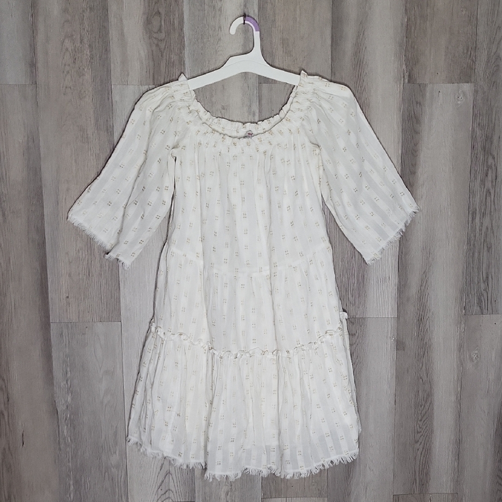 Vineyard Vines Womens XS Lurex Dobby Off The Shoulder Dress Tiered Gold Metallic